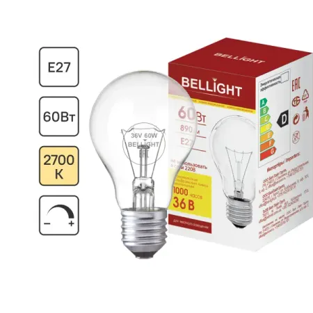 Лампа накаливания Bellight E27 36 В 60 Вт груша 890 лм цвет света желтый для диммера индикаторная лампа стробоскоп dianqi 12в 24в 220в