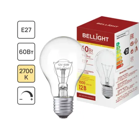 Лампа накаливания Bellight E27 12 В 60 Вт груша 940 лм цвет света желтый для диммера индикаторная лампа стробоскоп dianqi 12в 24в 220в