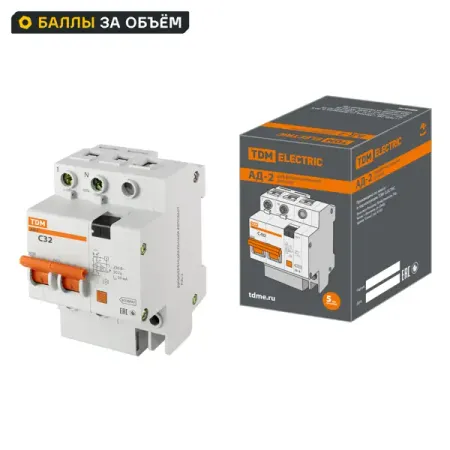 Дифференциальный автомат TDM Electric АД-2 2Р 32 А 30 мА 4.5 кА АС