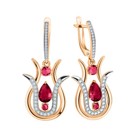 Золотые серьги с кристаллами и фианитами с родированием