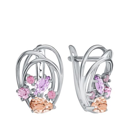 Серебряные серьги с аметистами и кунцитами с морганитами и фианитами с родированием
