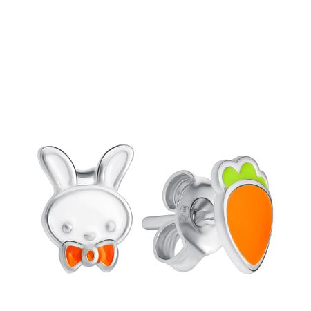 Серебряные детские серьги Заяц с эмалью и родированием