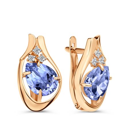 Золотые серьги с танзанитами и фианитами с родированием