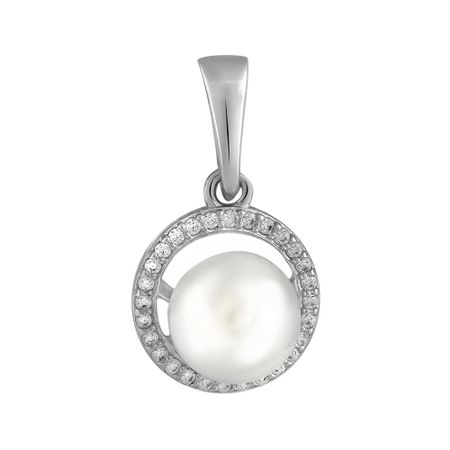 Серебряная подвеска с жемчугом и фианитами с родированием