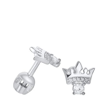 Серьги-пусеты детские Корона из серебра с фианитами