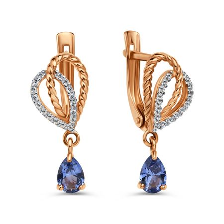 Золотые серьги с танзанитами и фианитами с родированием