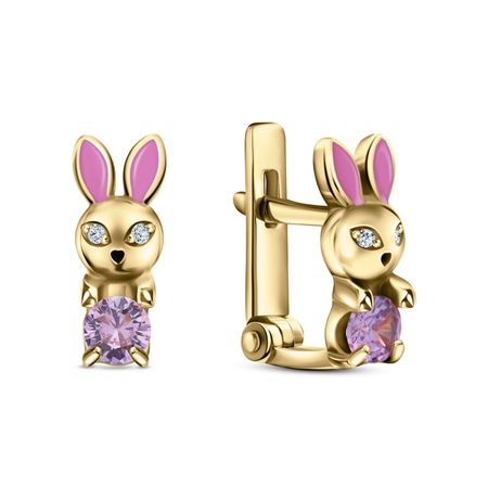 Серебряные детские серьги Заяц с эмалью и бриллиантами с фианитами и позолотой