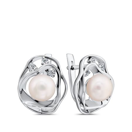 Серебряные серьги с жемчугом и фианитами