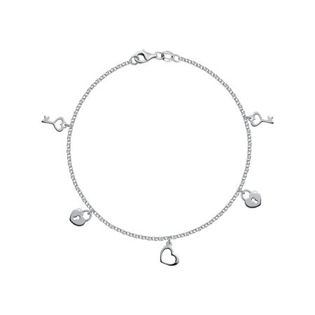 Серебряный браслет на ногу Сердце с замочком с родированием