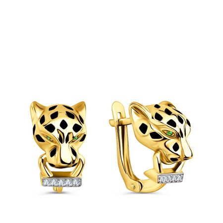Золотые серьги Пантера с цаворитами и бриллиантами с родированием