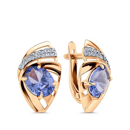 Золотые серьги с танзанитами и фианитами с родированием