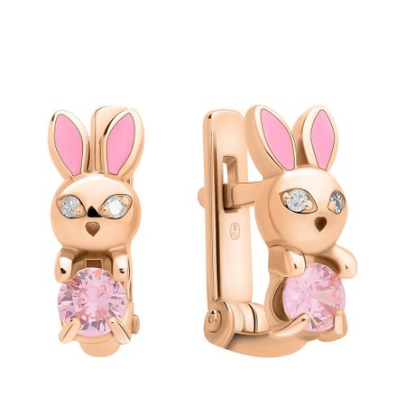 Серебряные детские серьги Заяц с эмалью и бриллиантами с фианитами и позолотой