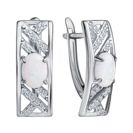 Серебряные серьги с опалами и фианитами с родированием