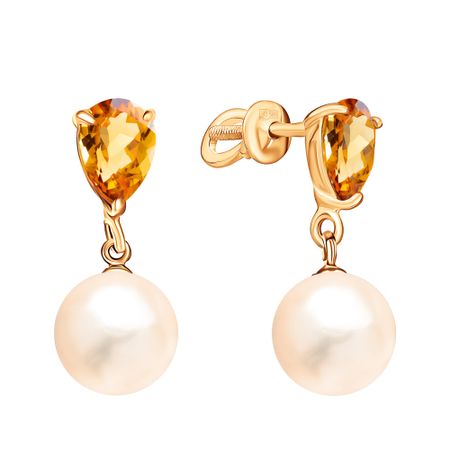 Золотые серьги с жемчугом и цитринами