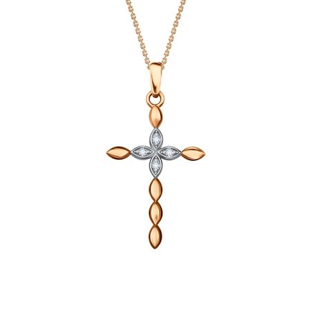 Золотая подвеска Крест с фианитами и родированием