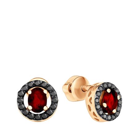 Золотые серьги с гранатом и бриллиантами с чернением и родированием