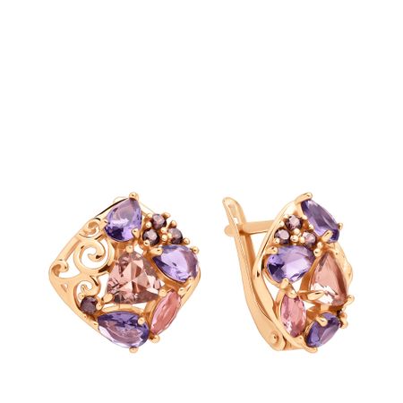 Серебряные серьги с аметистами и родолитами с морганитами и фианитами с позолотой
