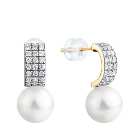 Золотые серьги с жемчугом и бриллиантами с родированием
