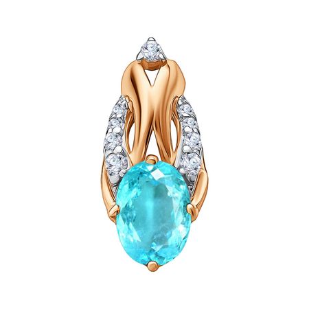 Золотая подвеска с топазом параиба и фианитами с родированием