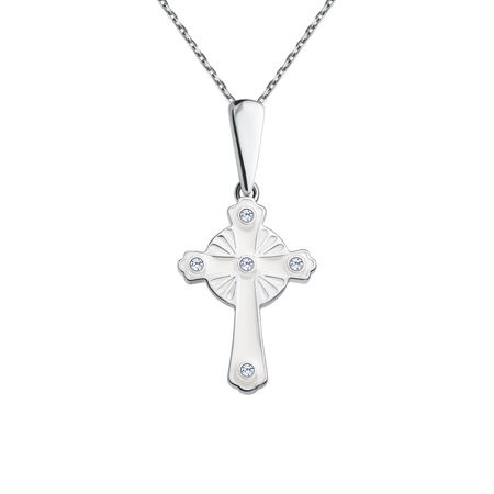 Серебряный крест с эмалью и фианитами с родированием