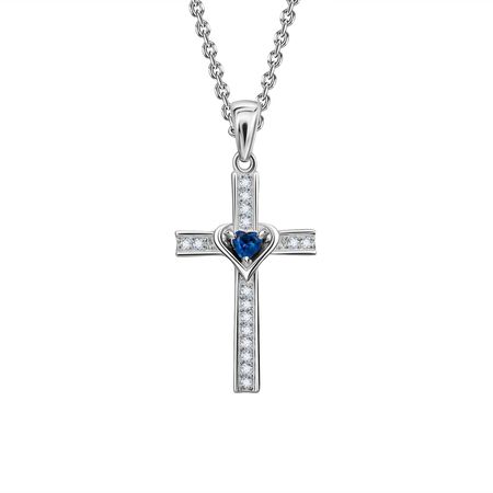 Серебряная подвеска Крест с сапфиром и фианитами с родированием