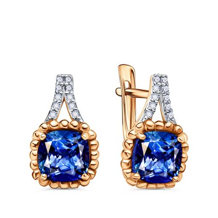 Золотые серьги с танзанитами и фианитами с родированием