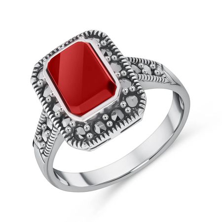 Серебряное кольцо с кораллом и марказитами с чернением