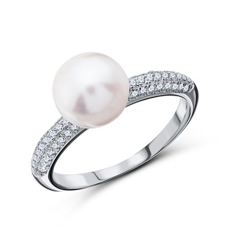 Серебряное кольцо с жемчугом и фианитами с родированием