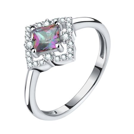 Серебряное кольцо с кварцем и фианитами с родированием