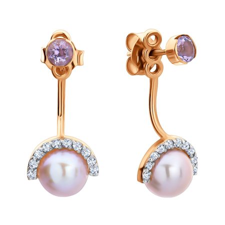 Золотые серьги с жемчугом и аметистами с фианитами
