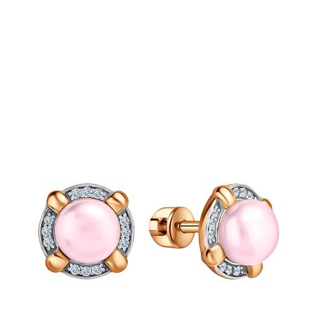 Золотые серьги с жемчугом и фианитами с родированием