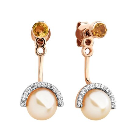 Золотые серьги с жемчугом и цитринами с фианитами с родированием