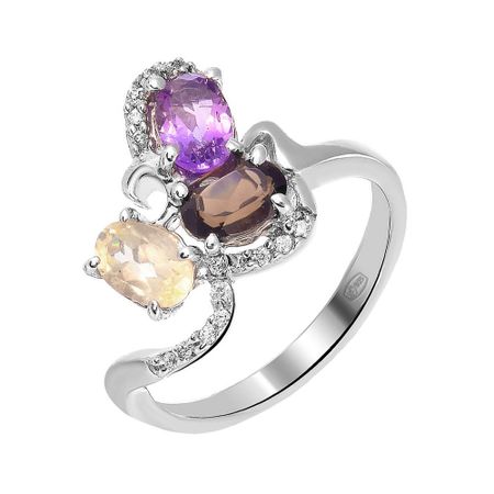 Серебряное кольцо с аметистом и кварцем с топазом и фианитами