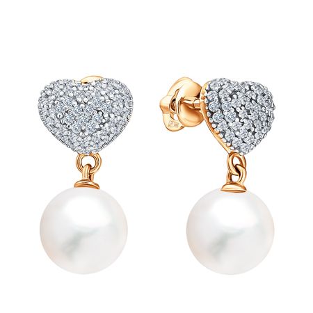 Золотые серьги с жемчугом и фианитами с родированием