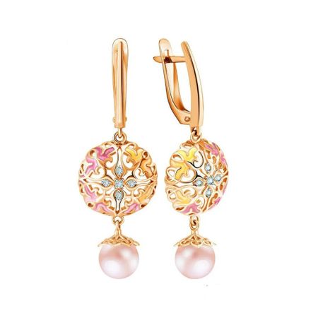 Золотые серьги с жемчугом и фианитами с эмалью