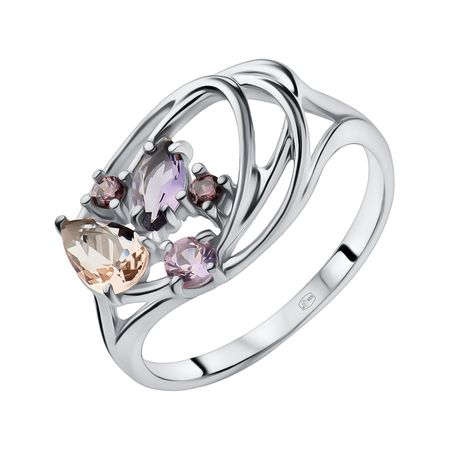 Серебряное кольцо с аметистом и морганитом с кунцитом и фианитами с родированием