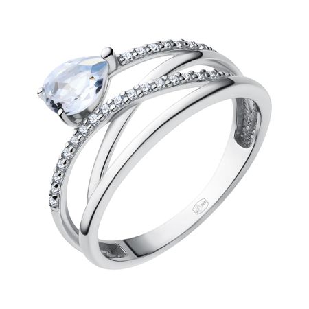 Серебряное кольцо с ювелирным стеклом и фианитами с родированием