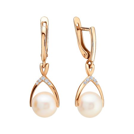 Золотые серьги с жемчугом и фианитами