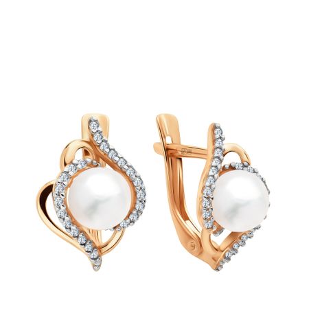 Золотые серьги с жемчугом и фианитами с родированием