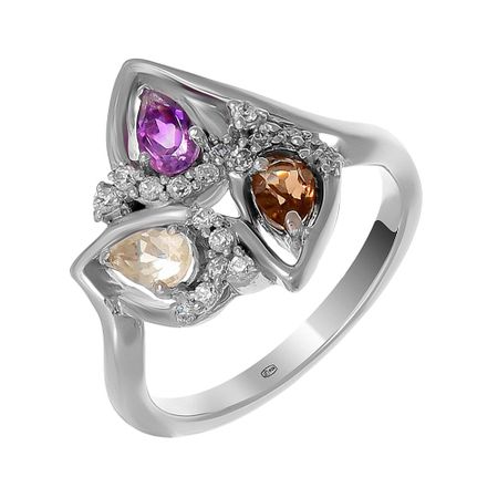Серебряное кольцо с аметистом и кварцем с раухтопазом и фианитами с родированием