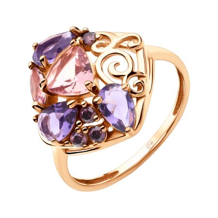 Серебряное кольцо с аметистами и родолитами с морганитами и фианитами с позолотой