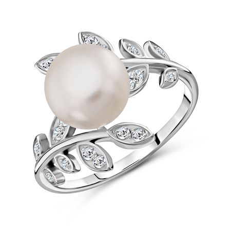 Серебряное кольцо с жемчугом и фианитами с родированием