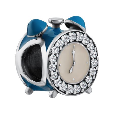Серебряный шарм Будильник с эмалью и фианитами с чернением