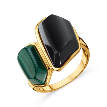 Серебряное кольцо с малахитом и ониксом с позолотой