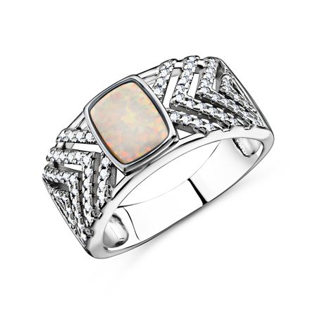 Серебряное кольцо с искусственным опалом и фианитами с родированием