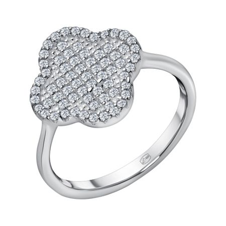 Серебряное кольцо Клевер с фианитами и родированием