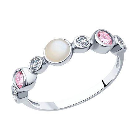 Серебряное кольцо с лунным камнем и фианитами с родированием