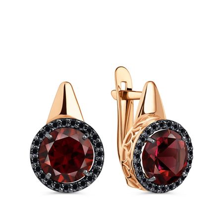 Золотые серьги с гранатом и фианитами с черным родированием
