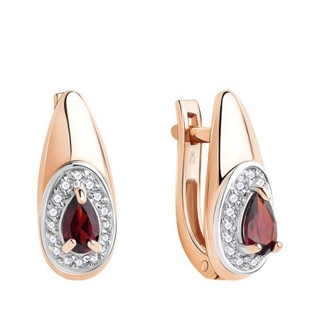 Золотые серьги с гранатом и бриллиантами с родированием
