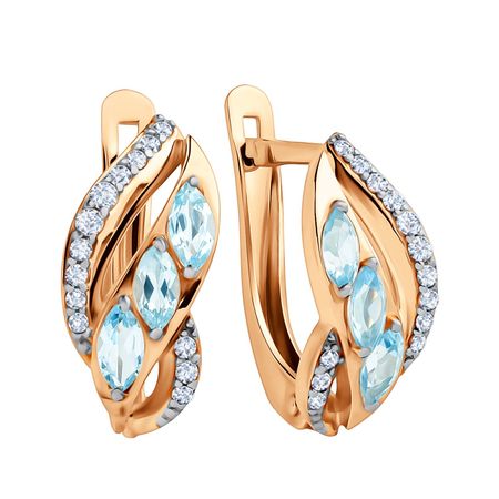 Золотые серьги с топазами Swiss и фианитами с родированием